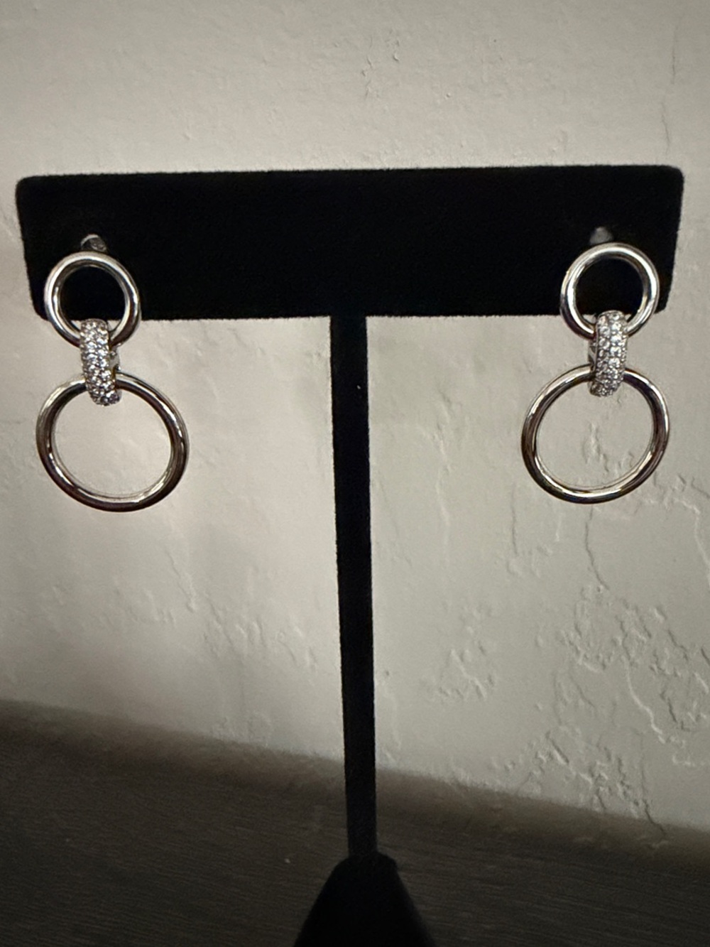 Silver Double Hoop Drop Earrings with Pavé Accent